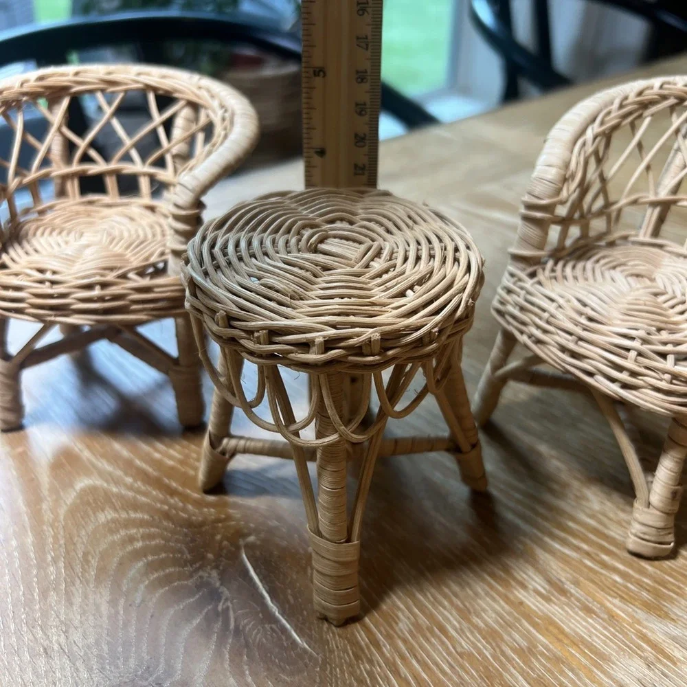 Vintage Set Wicker Rattan Patio Dollhouse Furniture: 2 Chairs & Table